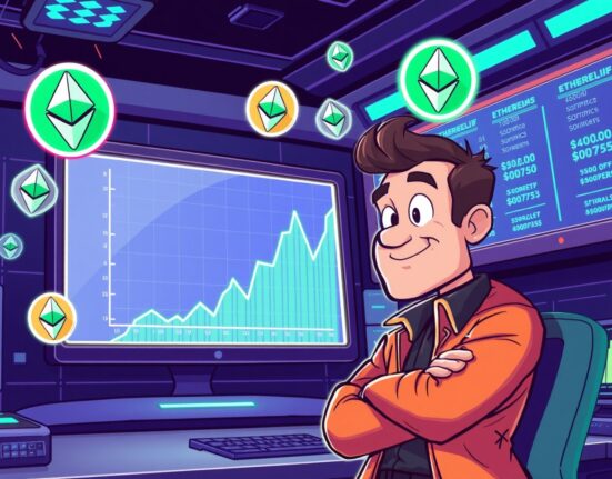 A confident cartoon trader betting on a major Ethereum options rally to $6,500.