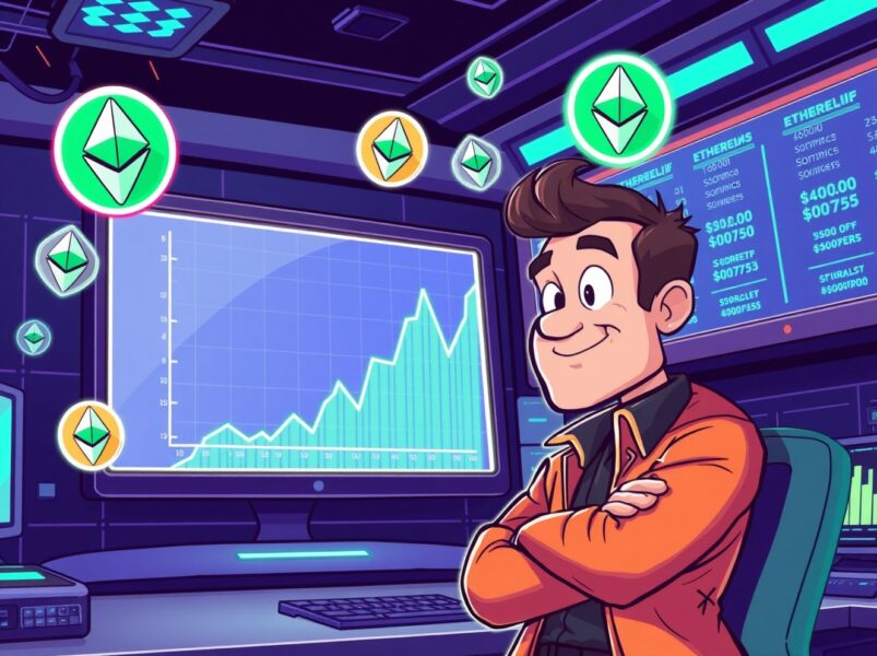 A confident cartoon trader betting on a major Ethereum options rally to $6,500.