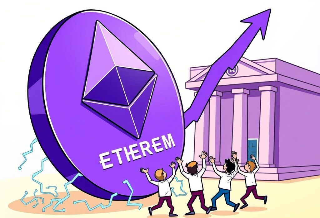 A cartoon illustration depicting Ethereum outflows from exchanges, symbolizing strong ETH buying pressure and a potential price rally.