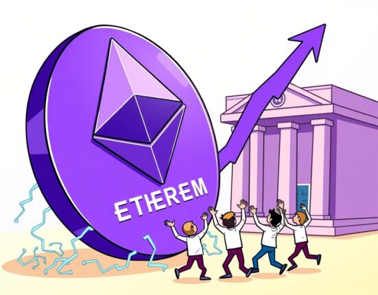 A cartoon illustration depicting Ethereum outflows from exchanges, symbolizing strong ETH buying pressure and a potential price rally.