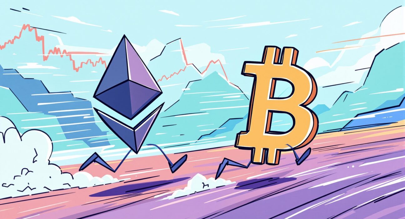 A cartoon illustration symbolizing potential Ethereum outperformance over Bitcoin, depicting ETH gaining momentum.