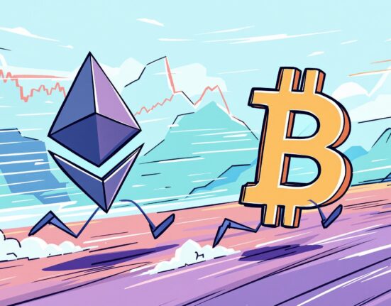 A cartoon illustration symbolizing potential Ethereum outperformance over Bitcoin, depicting ETH gaining momentum.