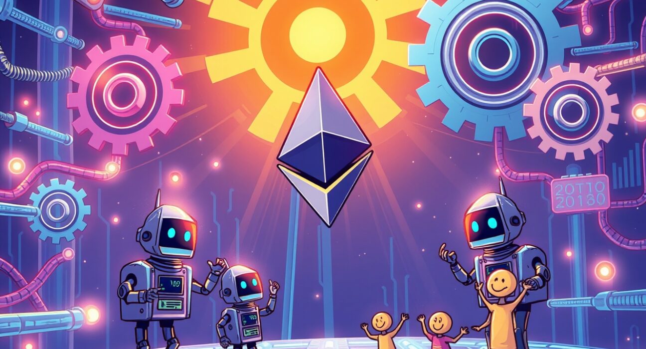 A cartoon illustration symbolizing the successful Ethereum Pectra upgrade, showing efficient data flow and network enhancements.