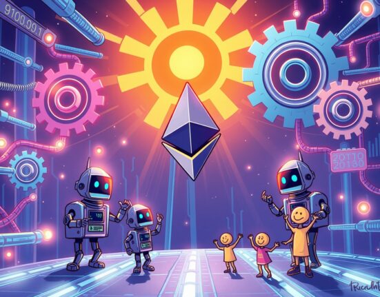 A cartoon illustration symbolizing the successful Ethereum Pectra upgrade, showing efficient data flow and network enhancements.