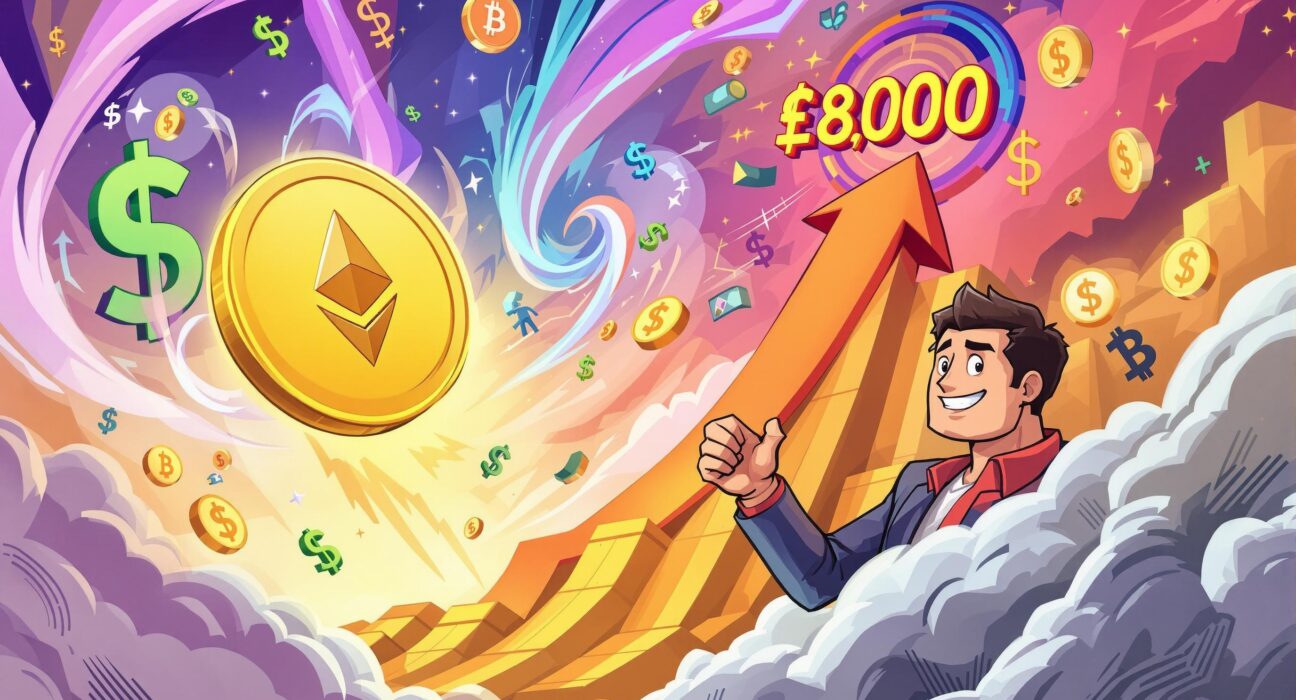 A cartoon illustration showing Ethereum price surging towards $8,000, symbolizing its undervalued potential based on market analysis and the projected Ethereum price.