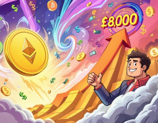 A cartoon illustration showing Ethereum price surging towards $8,000, symbolizing its undervalued potential based on market analysis and the projected Ethereum price.