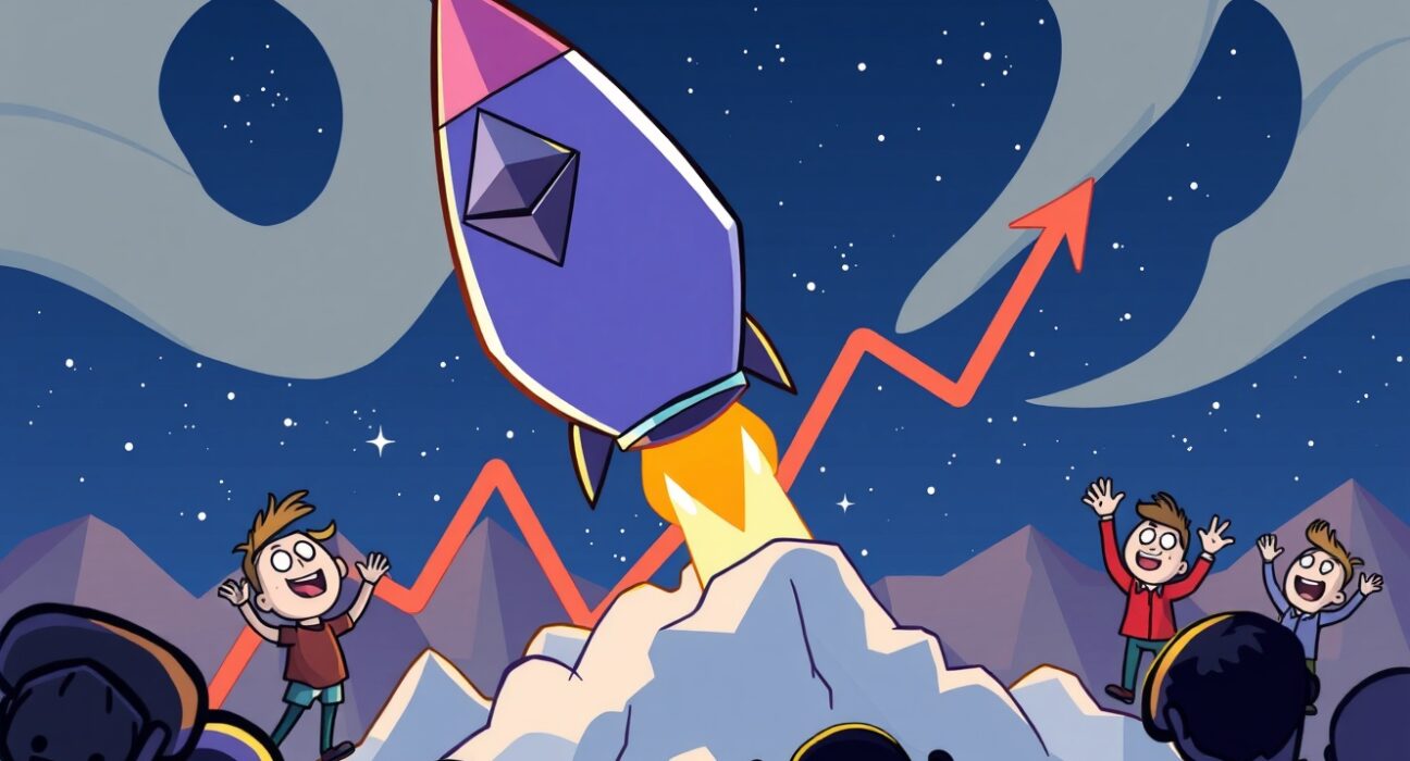Ethereum price analysis illustrated as a rocket launch from a bullish chart pattern.