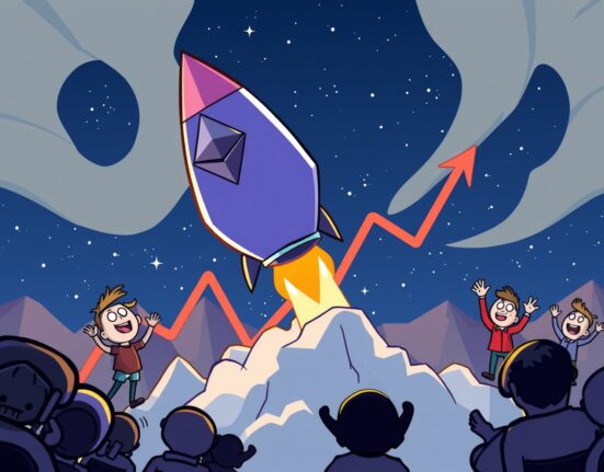 Ethereum price analysis illustrated as a rocket launch from a bullish chart pattern.