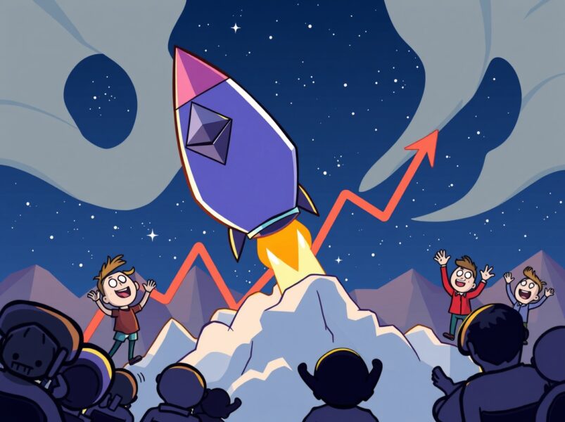 Ethereum price analysis illustrated as a rocket launch from a bullish chart pattern.