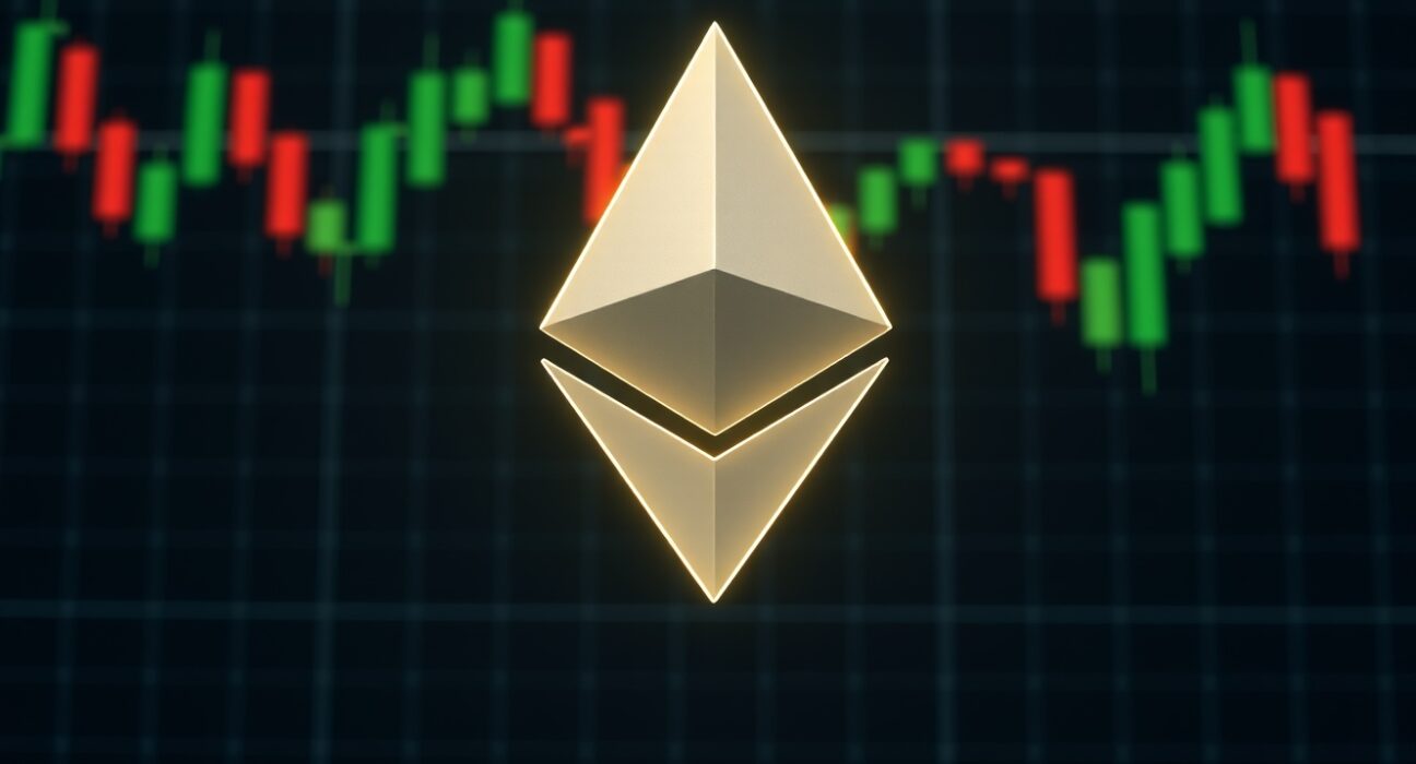 Ethereum logo overlaid on a financial chart with candlesticks, representing price analysis.