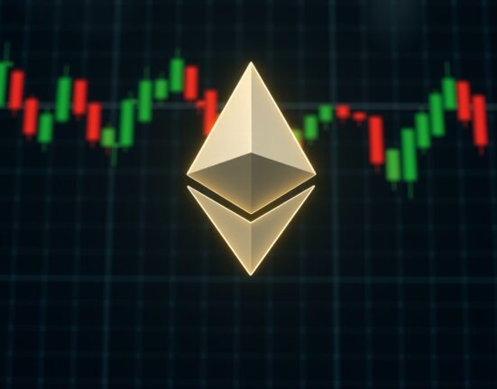 Ethereum logo overlaid on a financial chart with candlesticks, representing price analysis.