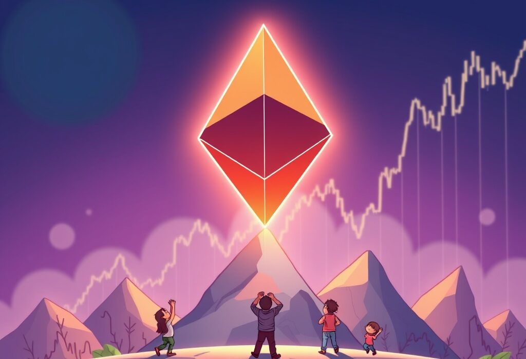 A vibrant cartoon illustration showing the Ethereum (ETH) symbol rising, conveying the potential for significant Ethereum price analysis and growth in the crypto market.