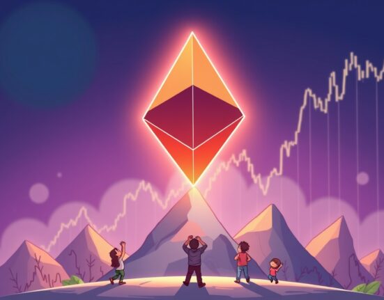 A vibrant cartoon illustration showing the Ethereum (ETH) symbol rising, conveying the potential for significant Ethereum price analysis and growth in the crypto market.