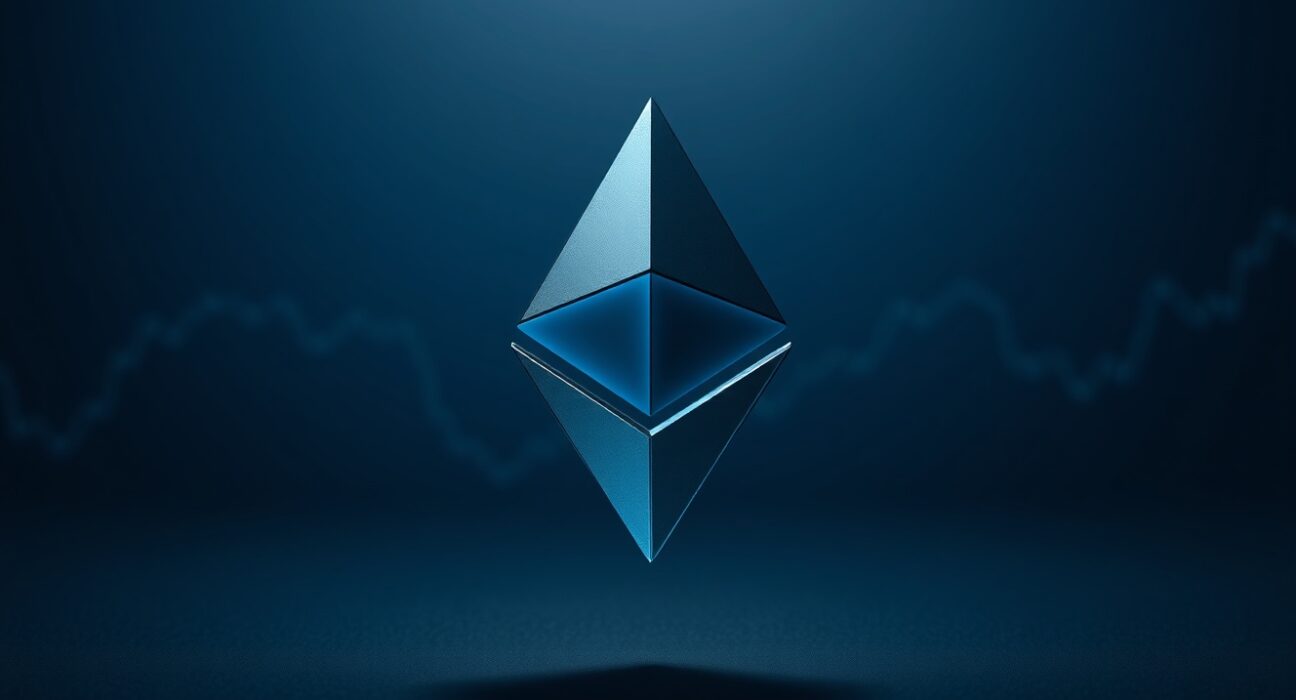 Ethereum logo glowing against a dark digital background with subtle chart grid lines