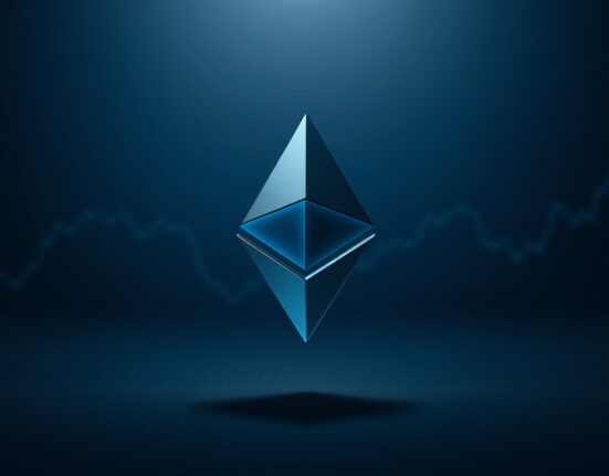 Ethereum logo glowing against a dark digital background with subtle chart grid lines
