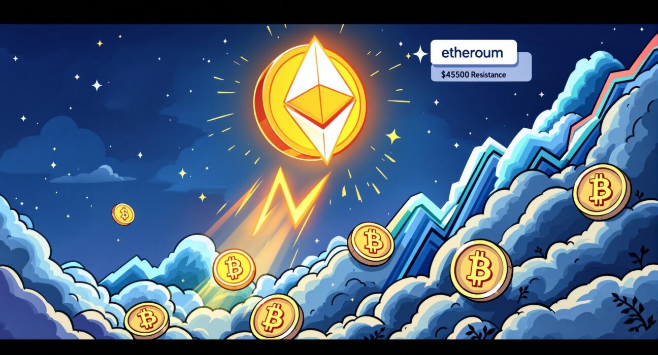 A cartoon illustration showing an Ethereum coin ascending, symbolizing strong Ethereum price potential.