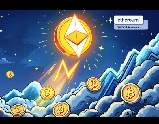 A cartoon illustration showing an Ethereum coin ascending, symbolizing strong Ethereum price potential.