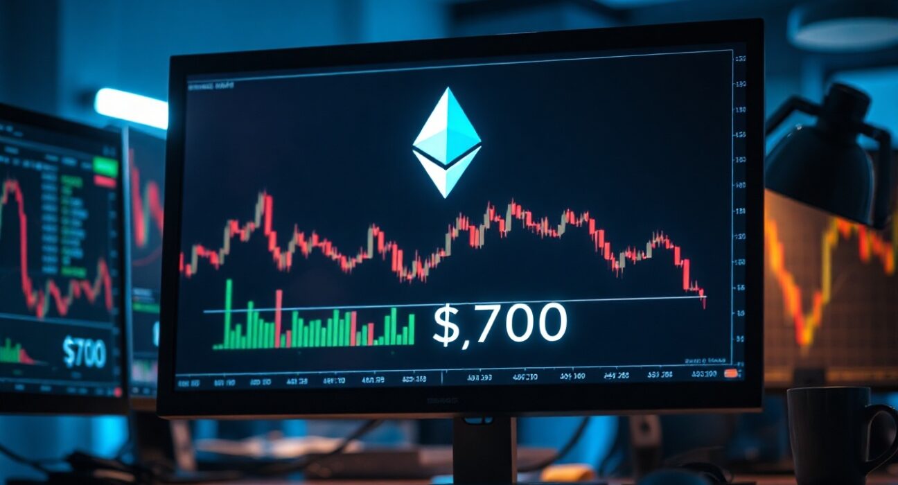 Ethereum price chart with a support line at $700 on a dark trading monitor