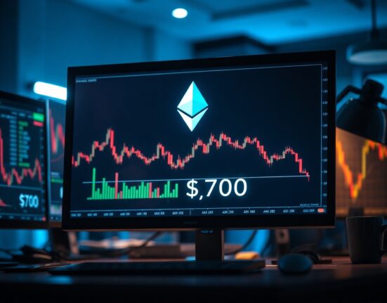 Ethereum price chart with a support line at $700 on a dark trading monitor