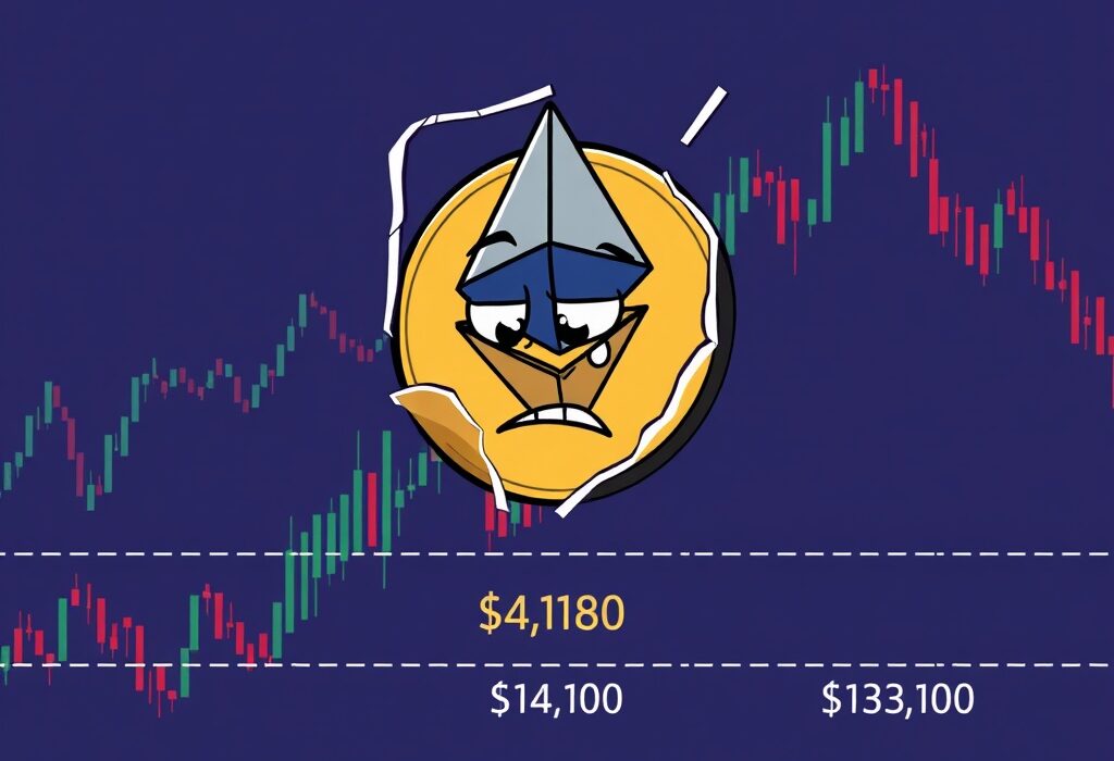 A cartoon illustration showing the Ethereum price falling below a broken trendline, highlighting the immediate $4,180 support level.