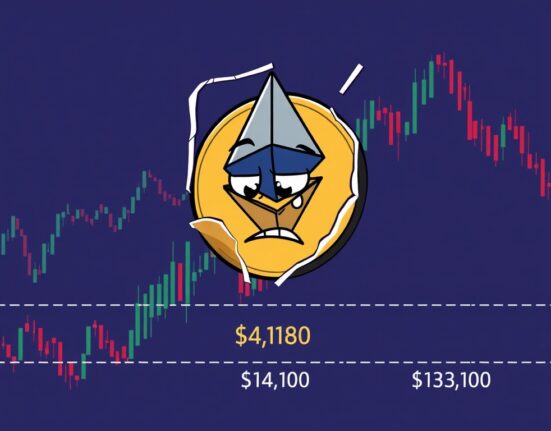 A cartoon illustration showing the Ethereum price falling below a broken trendline, highlighting the immediate $4,180 support level.