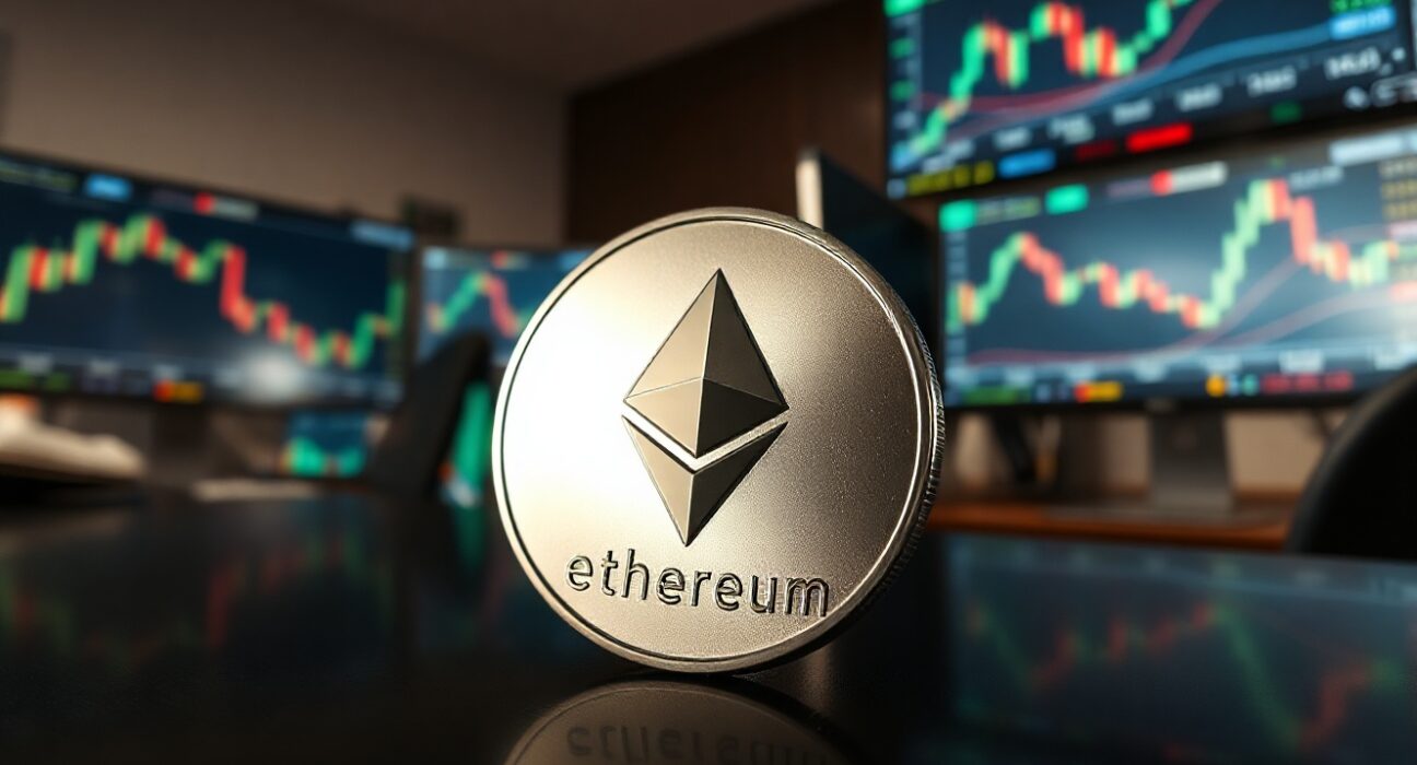 Ethereum coin on a reflective surface with blurred trading charts in the background