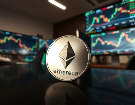 Ethereum coin on a reflective surface with blurred trading charts in the background
