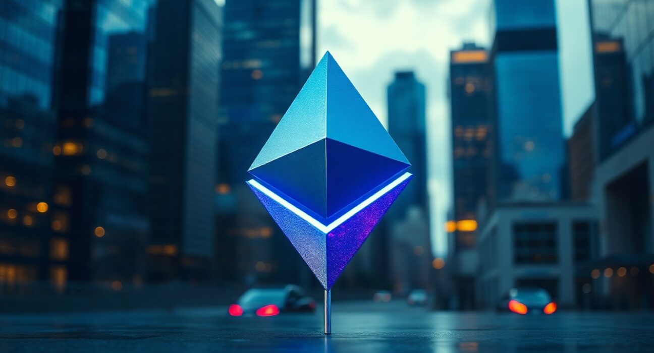 Ethereum symbol in a modern financial district at dusk, symbolizing market consolidation and anticipation.