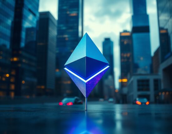 Ethereum symbol in a modern financial district at dusk, symbolizing market consolidation and anticipation.