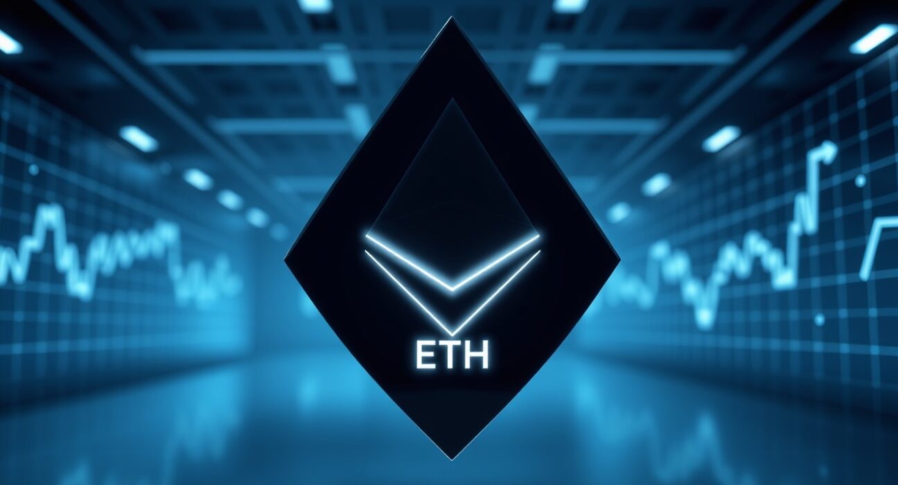 Ethereum symbol in a cool, futuristic trading environment with soft blue lighting.