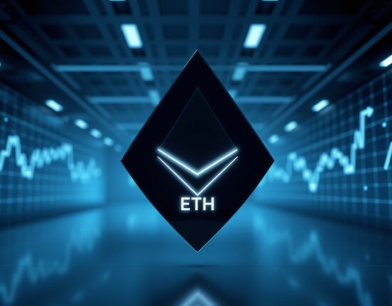Ethereum symbol in a cool, futuristic trading environment with soft blue lighting.