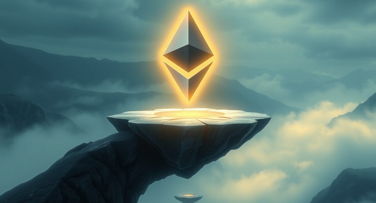 Ethereum symbol on a fragile support level, representing the critical $1,800 price test.