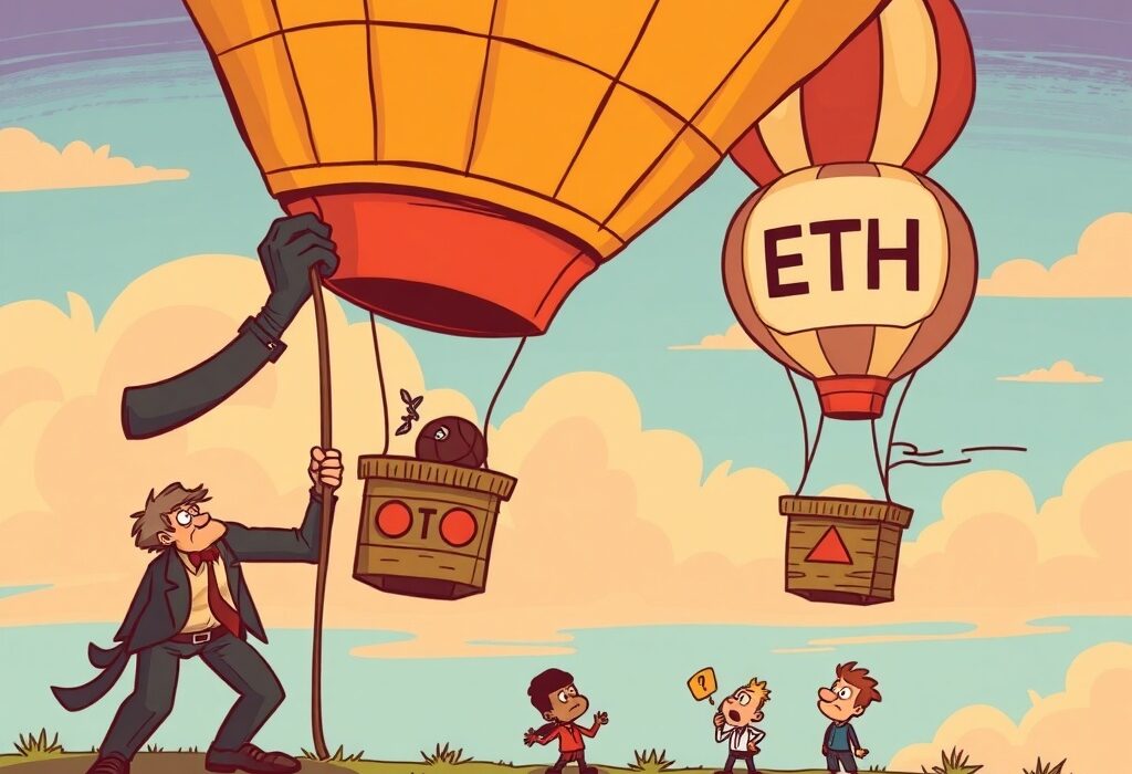 A cartoon image illustrating the forces behind the Ethereum price decline, with large institutions impacting ETH's market value.