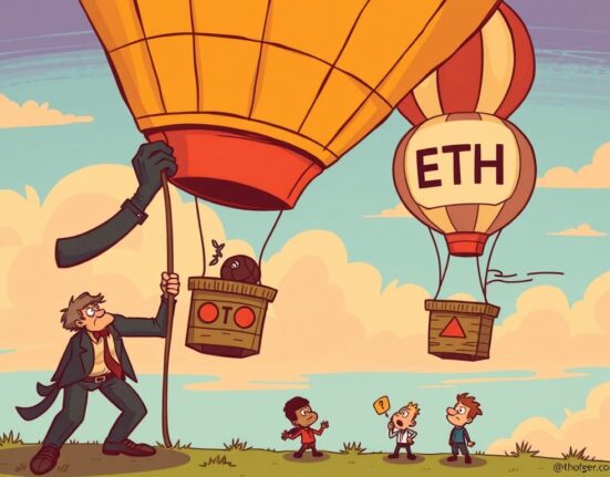 A cartoon image illustrating the forces behind the Ethereum price decline, with large institutions impacting ETH's market value.