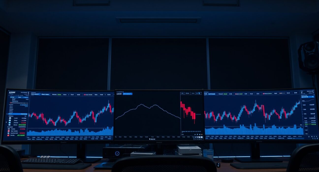 Trading desk monitors showing Ethereum price charts with downward trend