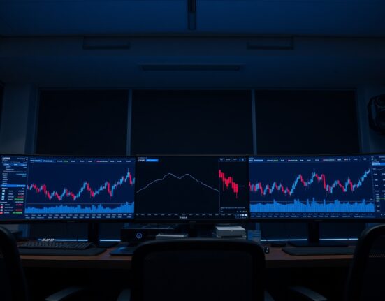 Trading desk monitors showing Ethereum price charts with downward trend