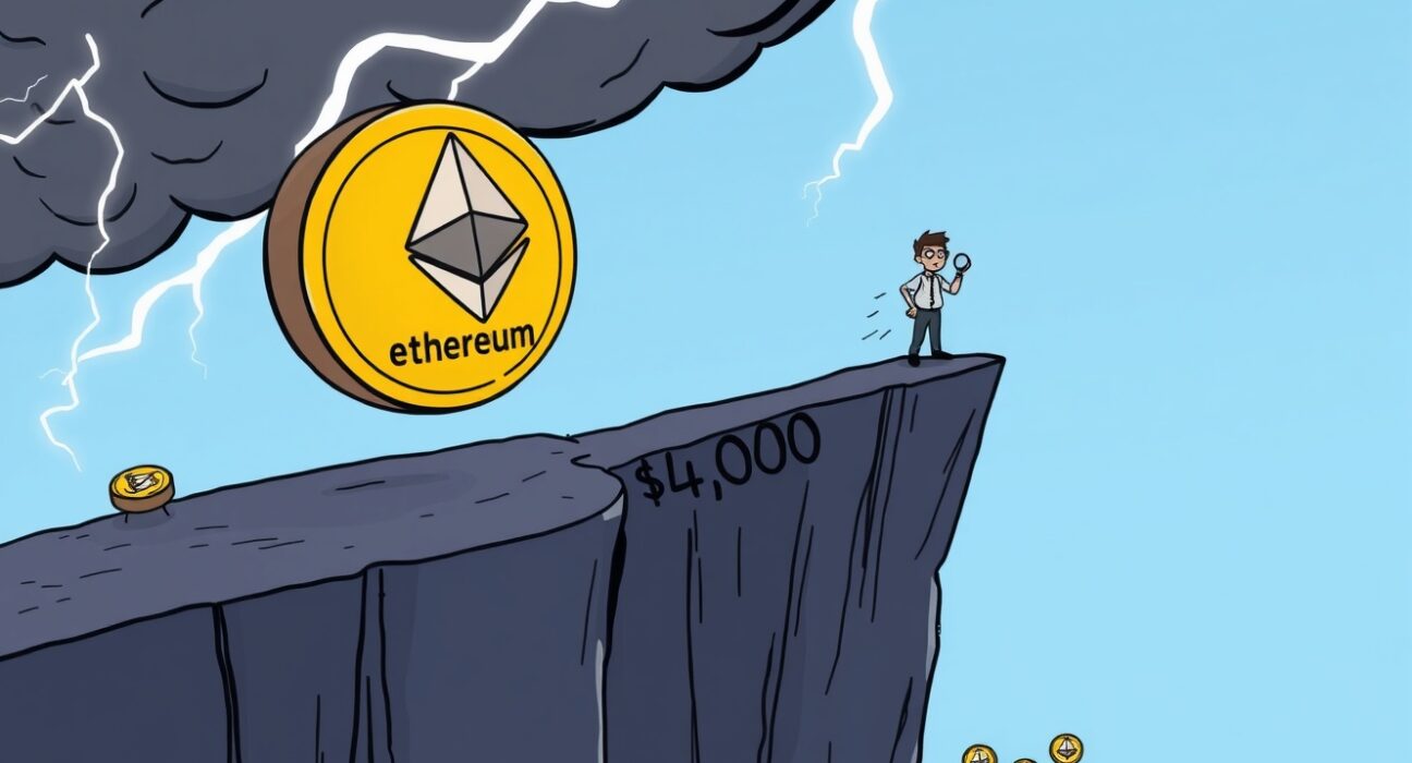 Cartoon illustration showing Ethereum price falling below $4,000, indicating significant market downside risk.
