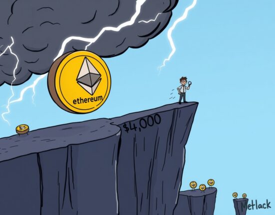 Cartoon illustration showing Ethereum price falling below $4,000, indicating significant market downside risk.