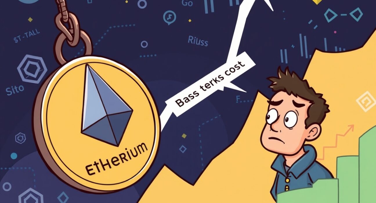 A cartoon illustration showing an Ethereum price drop nearing Bitmine's significant cost basis, symbolizing market pressure.