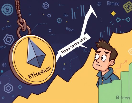 A cartoon illustration showing an Ethereum price drop nearing Bitmine's significant cost basis, symbolizing market pressure.