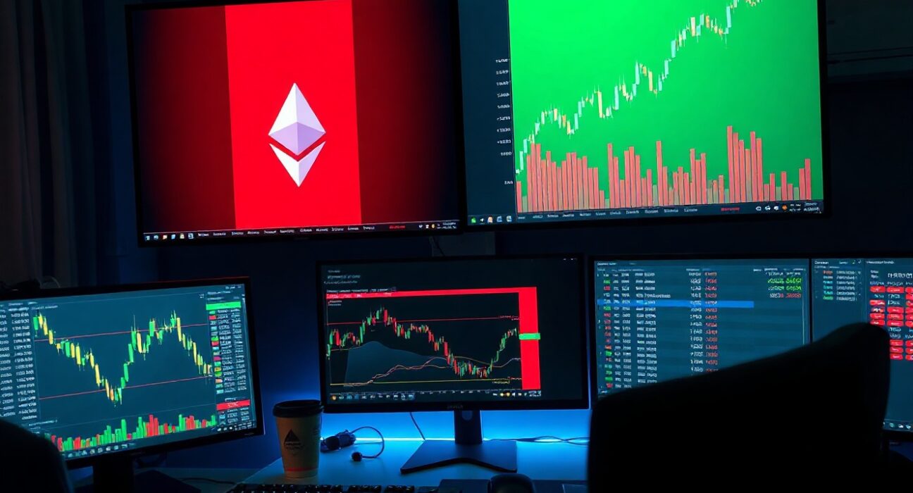 Ethereum price charts on monitors showing bearish and bullish signals in a trading environment