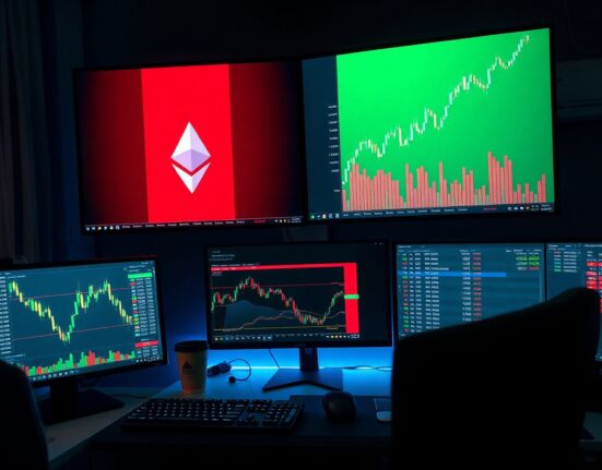Ethereum price charts on monitors showing bearish and bullish signals in a trading environment