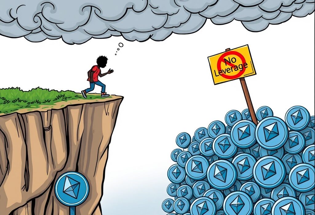 Cartoon depicting a trader avoiding a risky Ethereum price drop, highlighting the warning against high crypto leverage in volatile markets.