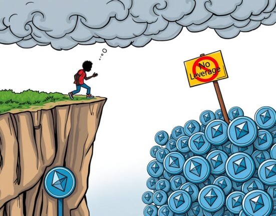 Cartoon depicting a trader avoiding a risky Ethereum price drop, highlighting the warning against high crypto leverage in volatile markets.