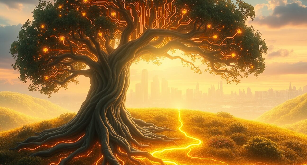 Ethereum's blockchain technology growing like a tree and connecting to a futuristic financial city, symbolizing institutional adoption.