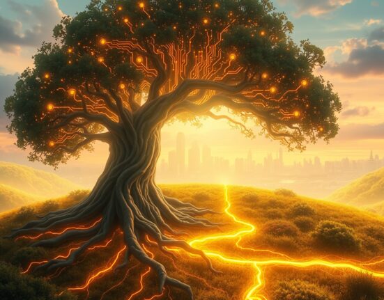 Ethereum's blockchain technology growing like a tree and connecting to a futuristic financial city, symbolizing institutional adoption.