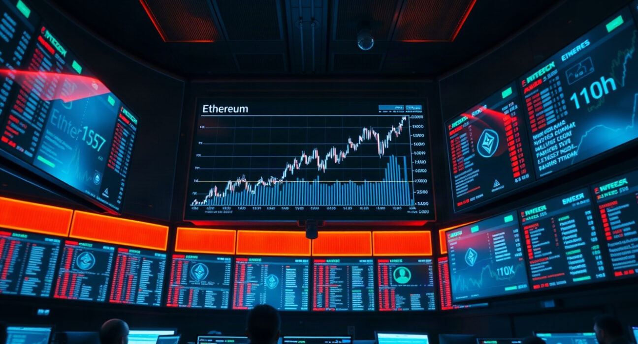 Ethereum price chart and derivatives data on trading screens in a professional trading floor