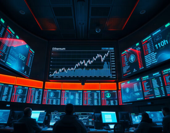 Ethereum price chart and derivatives data on trading screens in a professional trading floor
