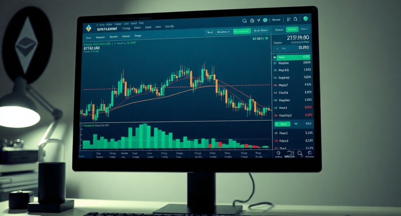 Ethereum price chart and derivatives dashboard on a trading monitor in a professional office setting