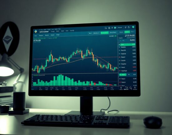 Ethereum price chart and derivatives dashboard on a trading monitor in a professional office setting